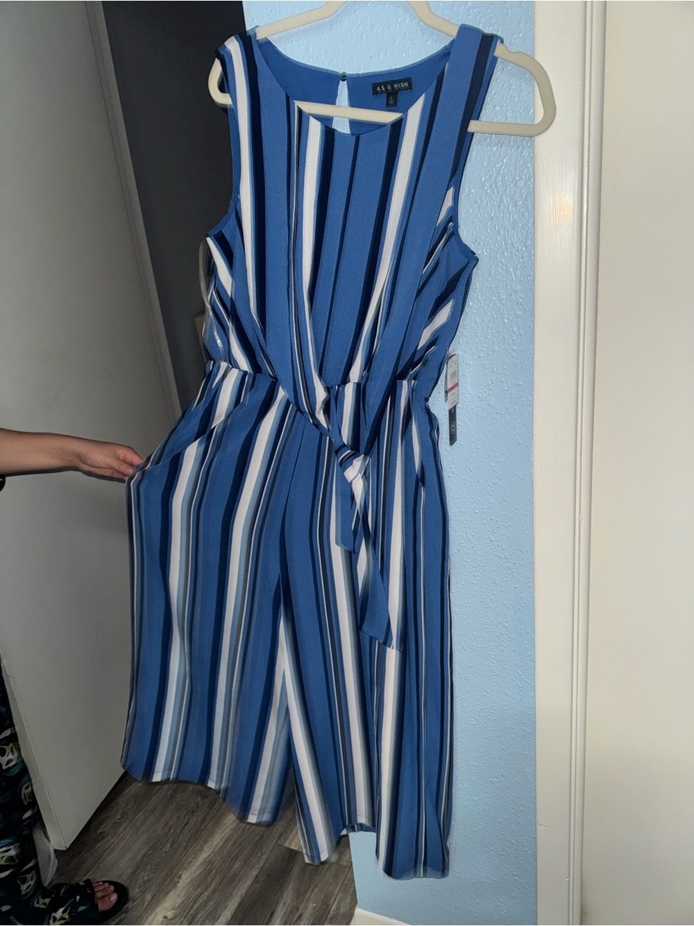 As U Wish Blue & White Vertical-Strip Midi Dress with Tie Waist